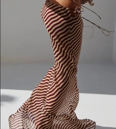 Long Sheer Cover Up Skirt Summer Low Waist Lace Up Chiffon Holiday Skirt 2024 DSMTRC Women Sexy See Through Striped Beach Skirts