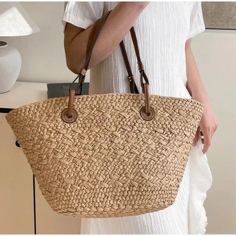 Designer bohemian chic shoulder bag,solid color large capacity straw woven tote bag,nature-inspired beach vacation