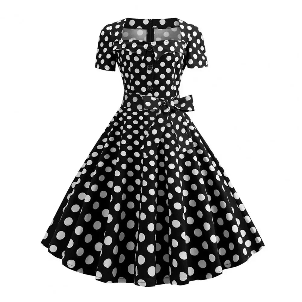 Women Vintage Dress Summer 50s 60s Retro Pin Up Swing Rockabilly Vestidos Elegant Black Polka Dot Office Party Dress