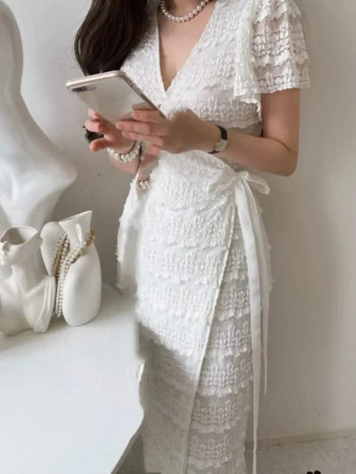 Elegant Sexy Crochet Flower Short Sleeve V Neck Dress, Slim Fit High Waisted Lace Up Dress for Women