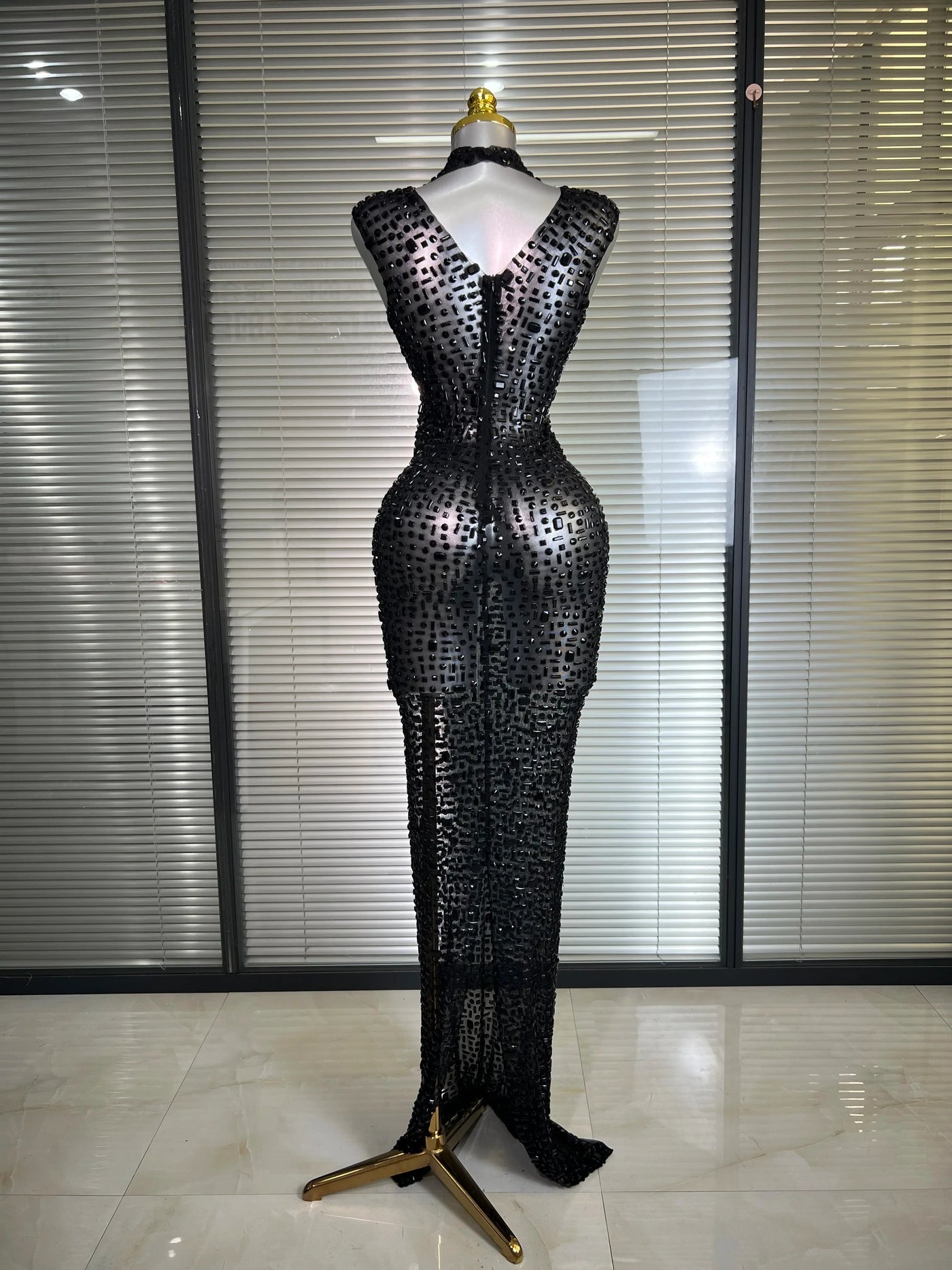 Women Sexy Mesh Crystal Diamonds Black Maxi Dress See Through Party Singer Stage Performance Costume