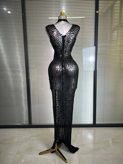 Women Sexy Mesh Crystal Diamonds Black Maxi Dress See Through Party Singer Stage Performance Costume