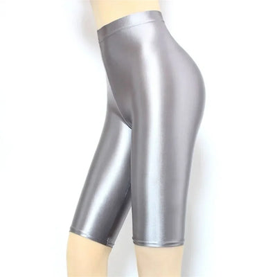 Stretchy Metallic Cropped Leggings Shorts Shiny Silver Basic High Waisted Leggings for Women Capri Yoga Bike