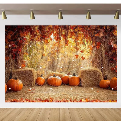 Autumn Thanksgiving Party Photo Backdrop Farm Harvest Maple Leaves Sunflowers Scarecrow Pumpkin Backdrop Poster Studio Photozone