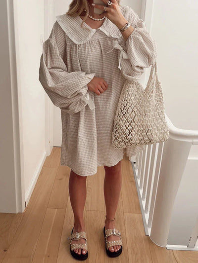 Gaono Women Y2K Gingham Babydoll Dress Puff Long Sleeve Plaid Mini Dress Peter Pan Collar Ruffle Short Dress Streetwear