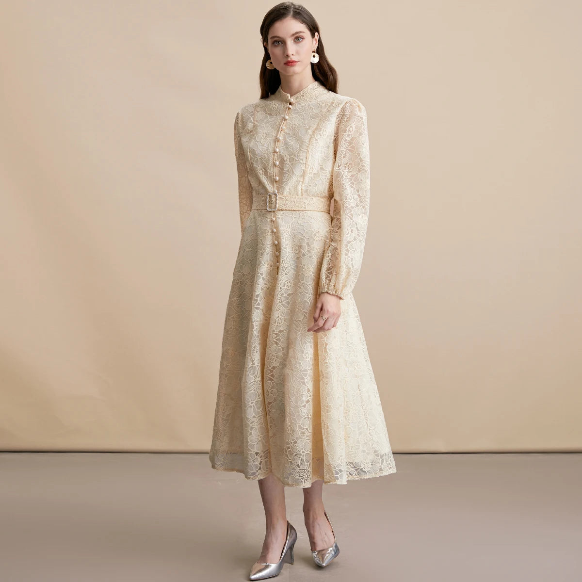 Autumn French High-end Elegant Evening Dress Women's Lace Embroidery Stand Collar Single-breasted Dress Heavy Work Banquet Robe