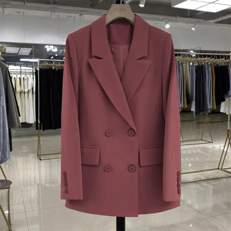 Women's Blazer Double Breasted Office Wear Suit Coats 2025 Fashion Jackets Long Sleeve Flap Pockets Chic Female Outerwear