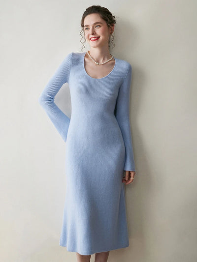 Women's Cashmere Sweater Dress Autumn Winter U-neck Striped Pullover 100% Cashmere Knitwear Slim Solid Flare Sleeve A-Line Skirt