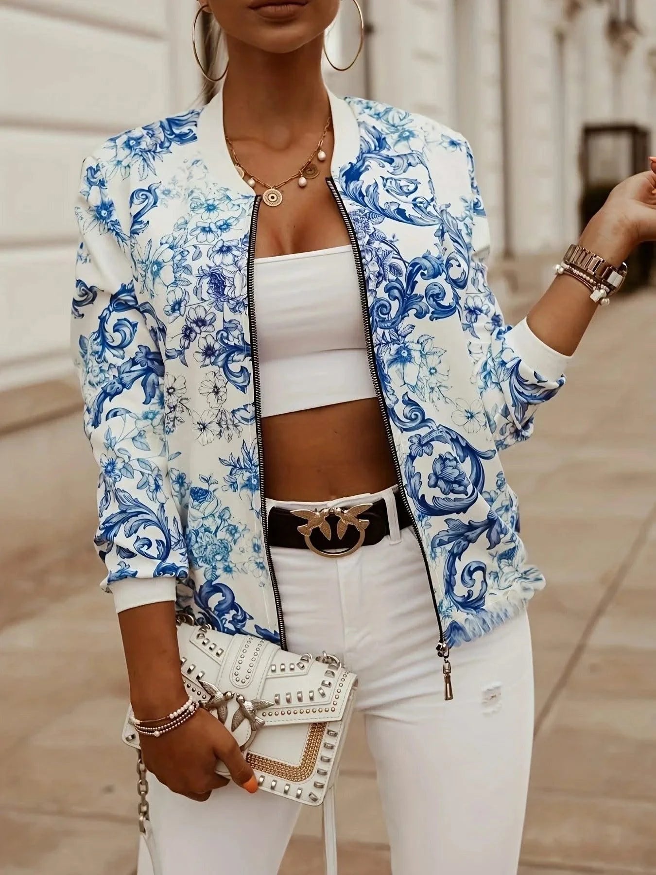 Women's Floral Print Bomber Jacket - Casual Zip Up Long Sleeve Outerwear