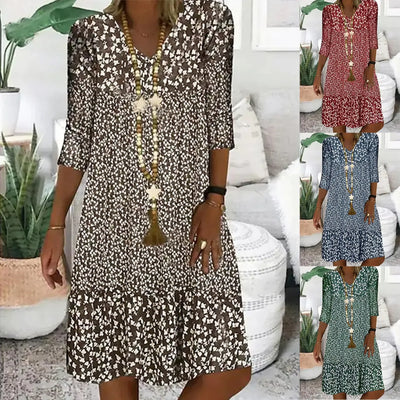 Summer Women Dress Print V-neck Loose Midi Casual Oversize Dresses Female Summer New Elegant Fashion Beach Ladies Clothes