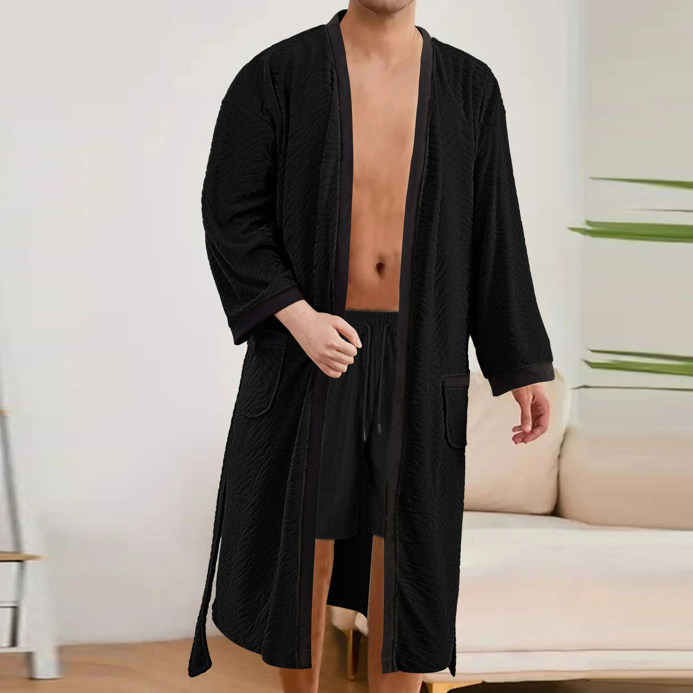 Men's Long Jacquard Soft Belted Bathrobe