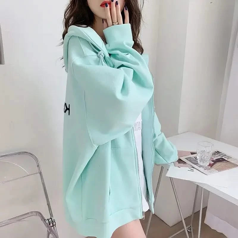 Casual Zip up Hooded Sweatshirt Candy Colour for Women Tops