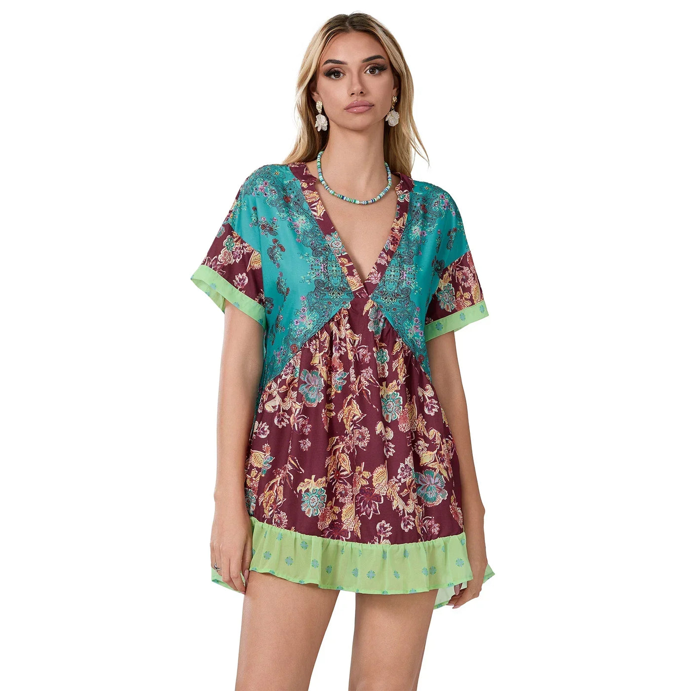 Women Summer Babydoll Dress Bohemian Holiday Vintage Floral Print Short Sleeve Deep V-Neck Flowy Dress with Pockets