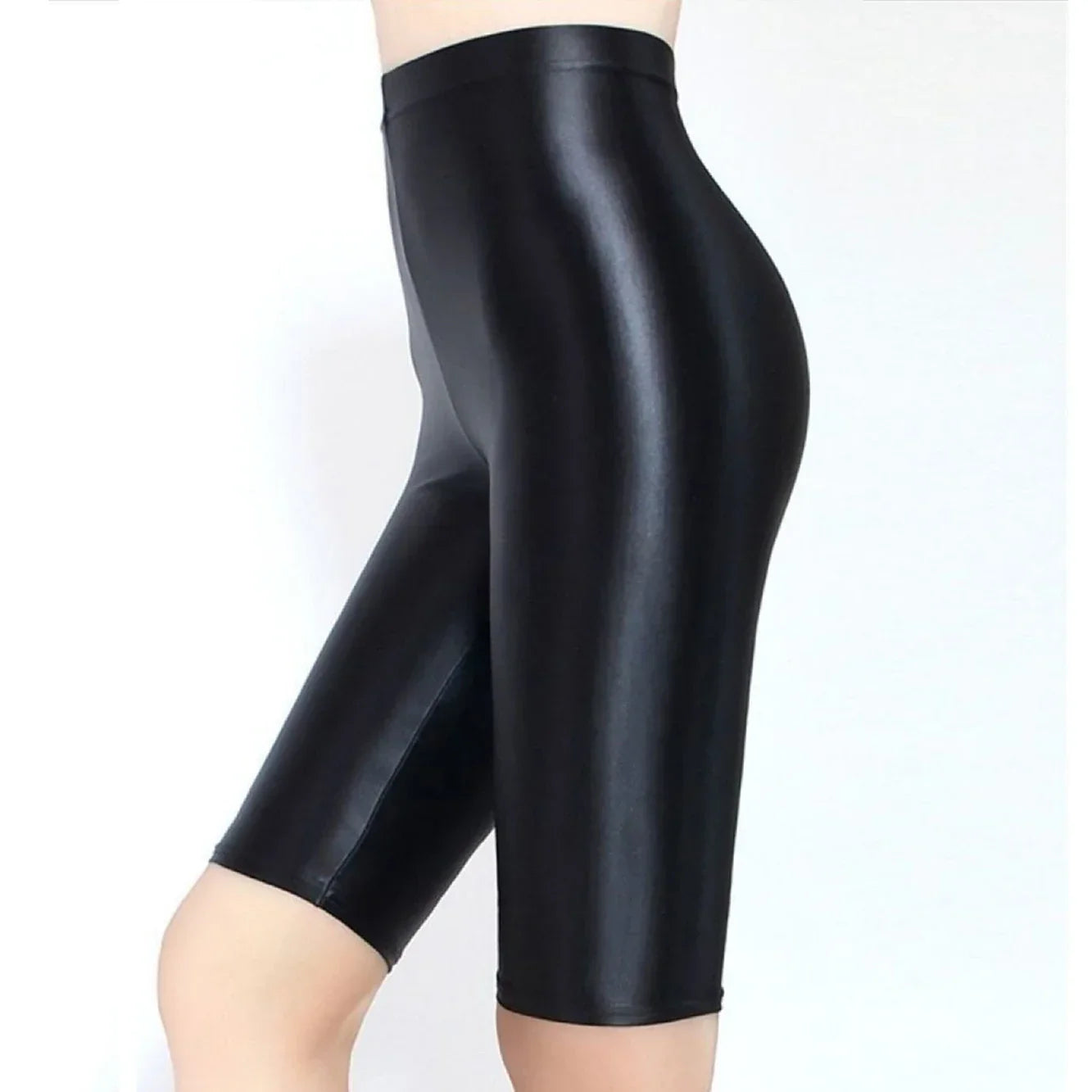 Stretchy Metallic Cropped Leggings Shorts Shiny Silver Basic High Waisted Leggings for Women Capri Yoga Bike