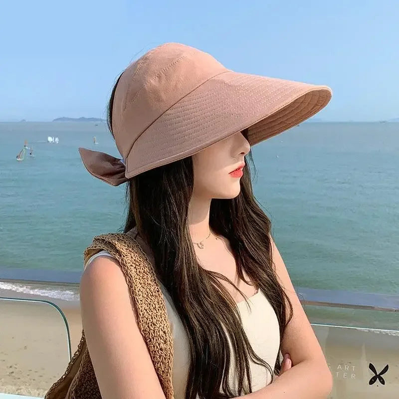 COKK Summer Hat Women Empty Top Foldable Sunhat Sunscreen Hats For Women Solid Color With Bow Ladies Hats Beach Cap Sun Hat