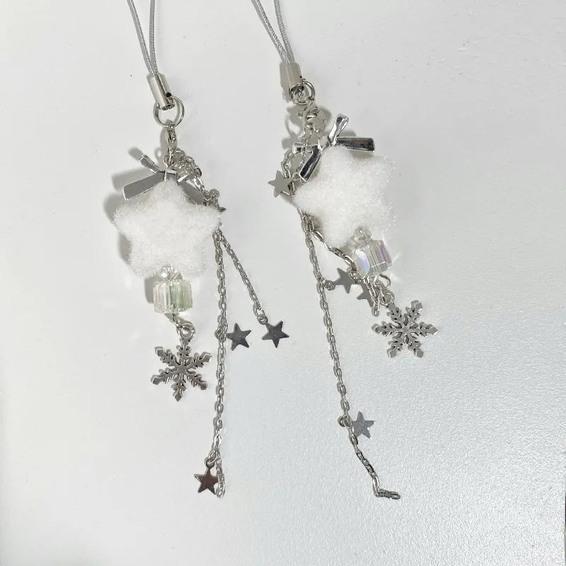 Winter Snowflake Keychain Phone Bag Straps Lanyard Plush Five Pointed Star Keychains Christmas Accessories for Women Girl Gifts