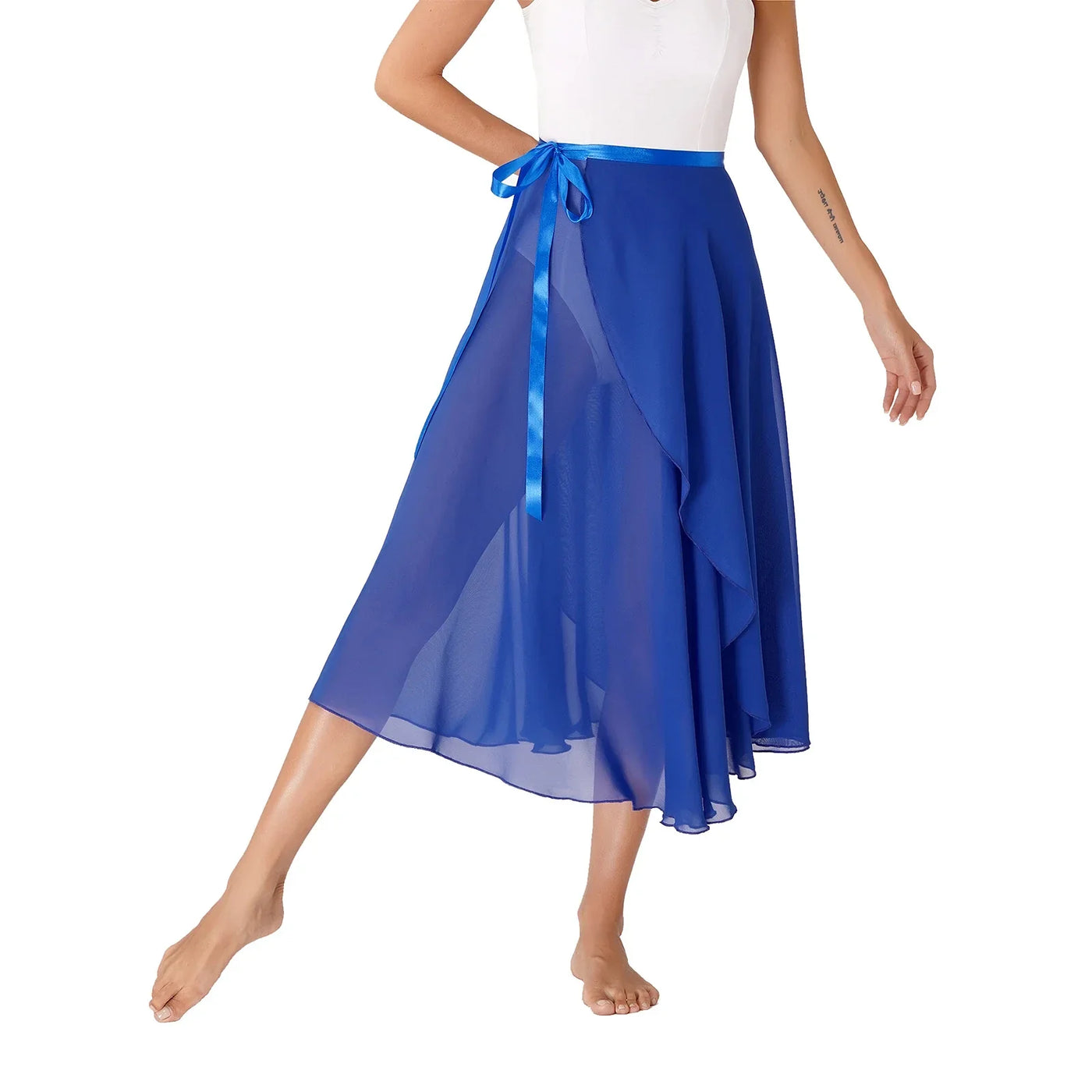Womens Chiffon Lace-Up Flowy Skirt Ballet Modern Dance Training Costume Summer Solid Color High Waist Boho Midi Skirts Elegant