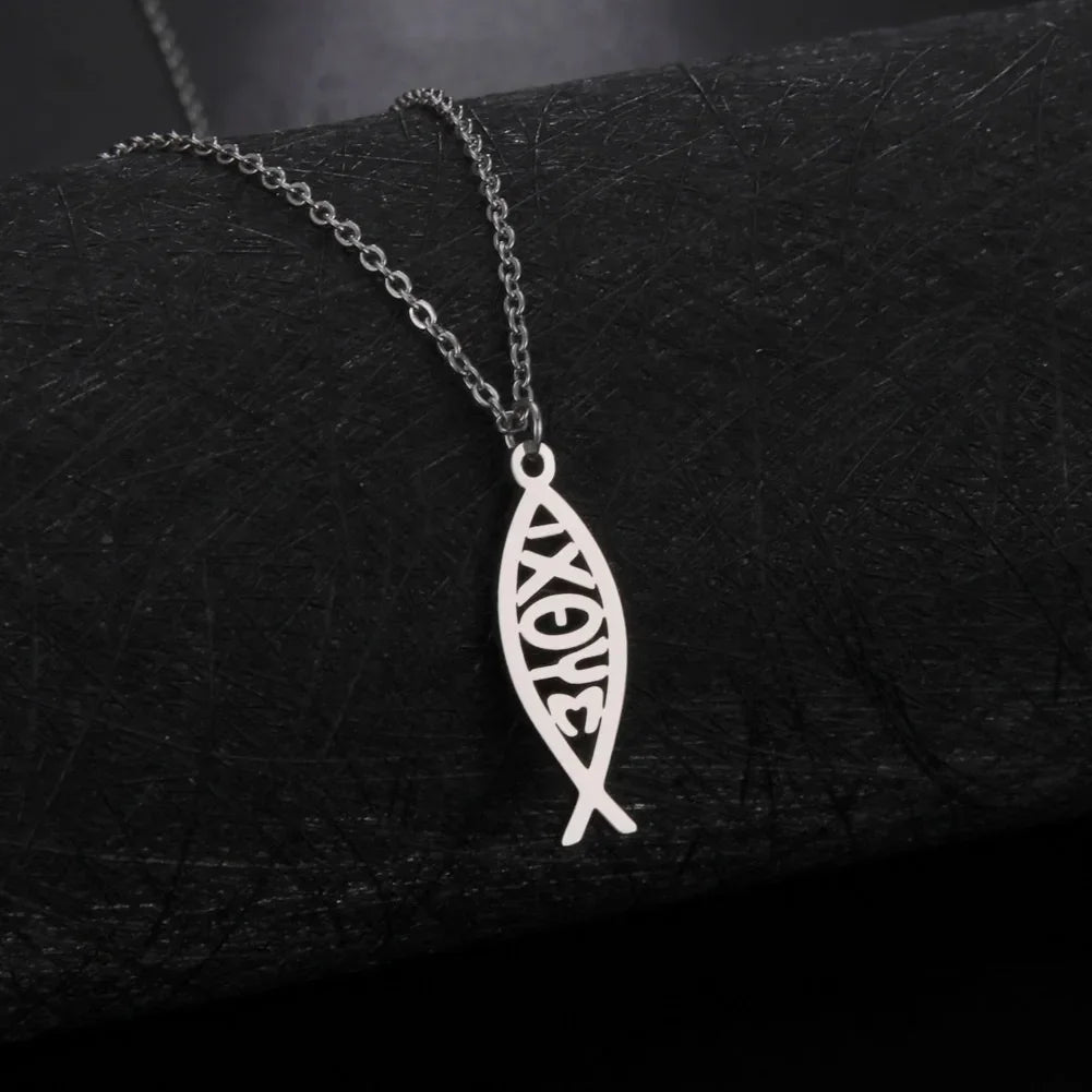 Jeshayuan Christian Jesus Fish Pendant Necklaces For Women Double Layer Stainless Greek ΙΧΘΥΣ Christian Religious Gift