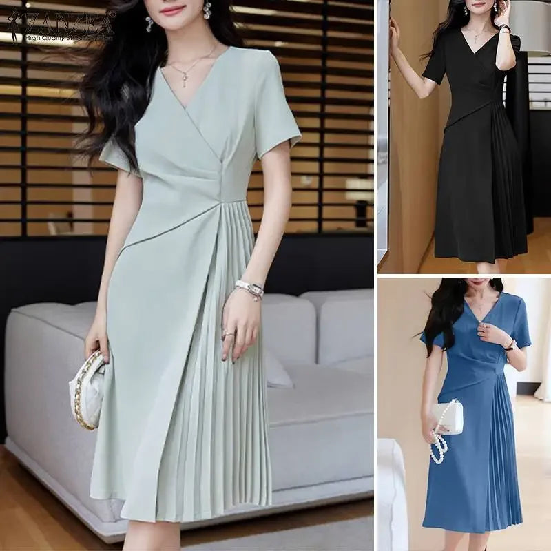 Summer Women Elegant OL Work Sundress V Nek Party Dress 2024 ZANZEA Fashion Short Sleeve Robe Femme Solid Pleated Midi Vestidos