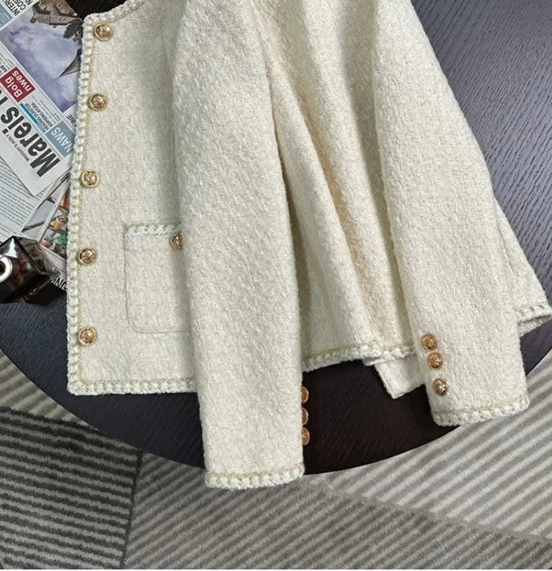 Women Vintage Jacket Autumn Winter Coat Off White Crop French Tweed