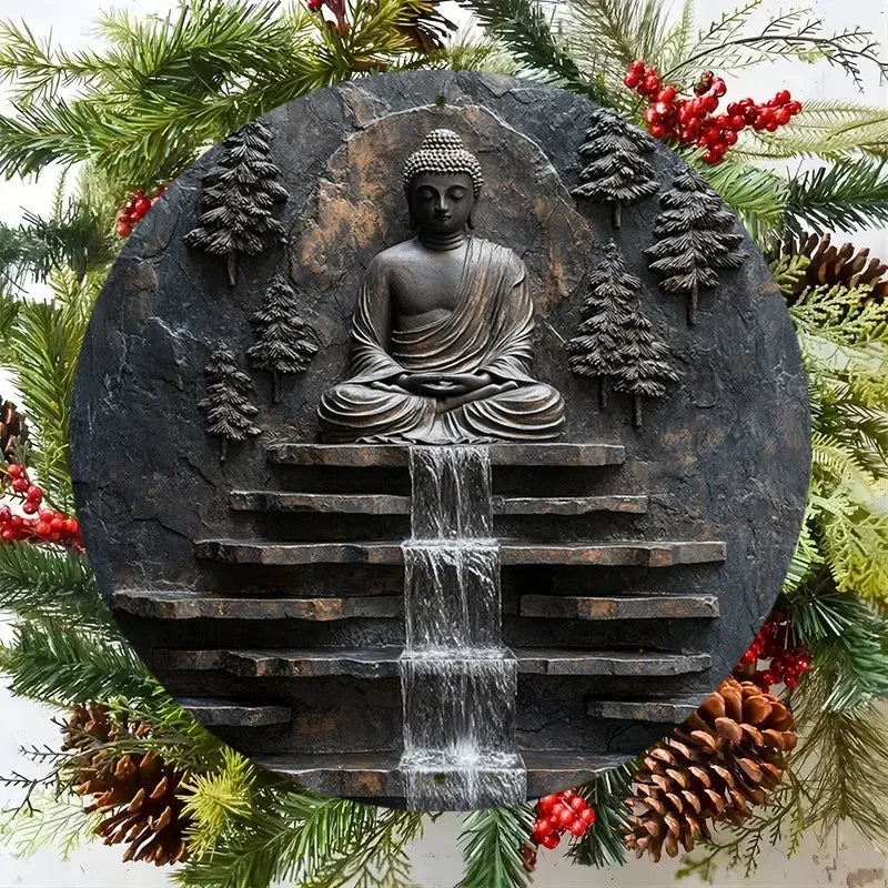 Wall art,Vintage Buddha Meditation Metal Wall Art -Sign with Serene Monk and Waterfall Design Yard,  Garden Wall Art