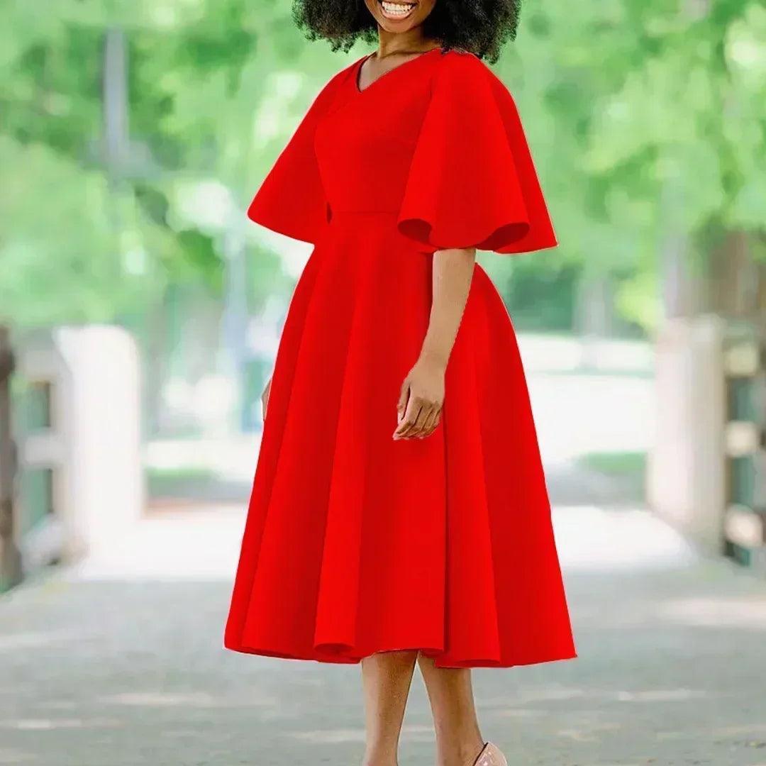 Elegant party dresses for women v neck ruffles sleeve high waisted pleated mid calf luxury birthday dinner vestidos