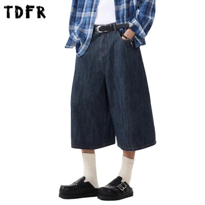 Retro Jacquard Denim Shorts Mens Pocket Summer Streetwear Washed Distressed Loose Wide Leg Short Jeans Men
