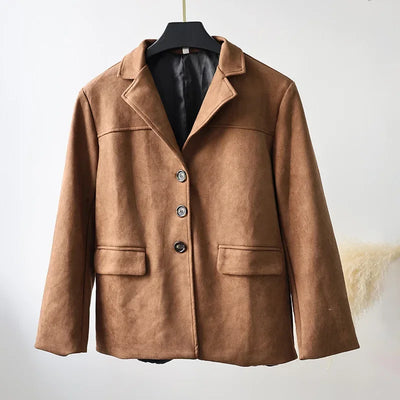 2024 Women's Autumn Coats Vintage Brown Suede Leather Women's Blazer Jacket Fashion Lapel Single Breasted Pocket Short Jacket - Elanique