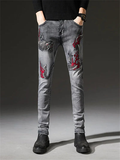 Men's Chinese Dragon Embroidery Jeans Fashion Kylin Embroidered Slim Pencil Pants Stretch Denim Trousers jeans for men pants