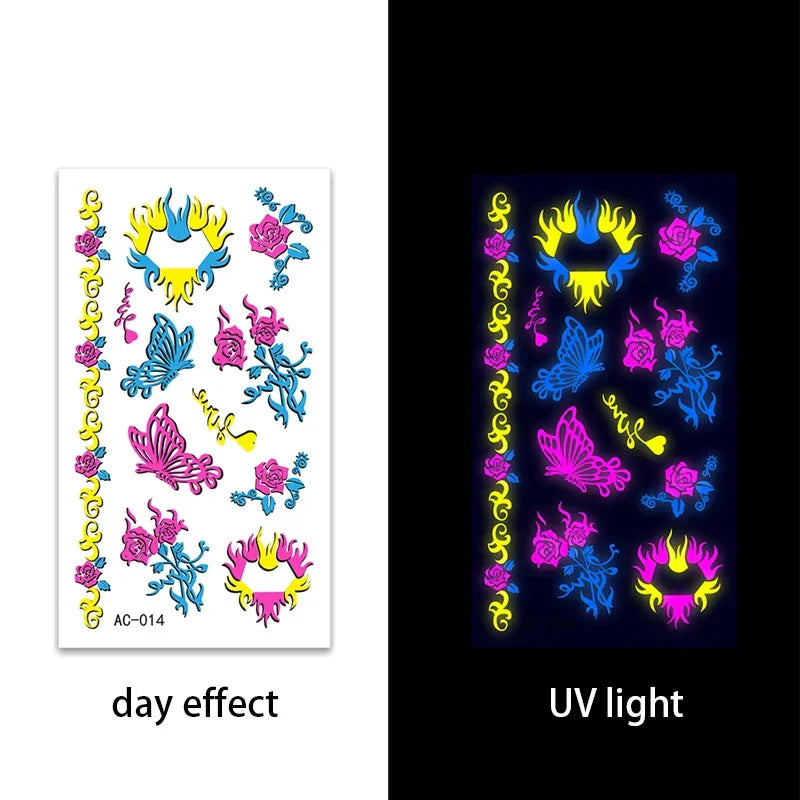 Temporary Fluorescent Tattoos Flower Feather Animals Pattern Body Arm Leg Face Stickers Night Bar Party Music Festival