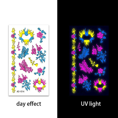 Temporary Fluorescent Tattoos Flower Feather Animals Pattern Body Arm Leg Face Stickers Night Bar Party Music Festival