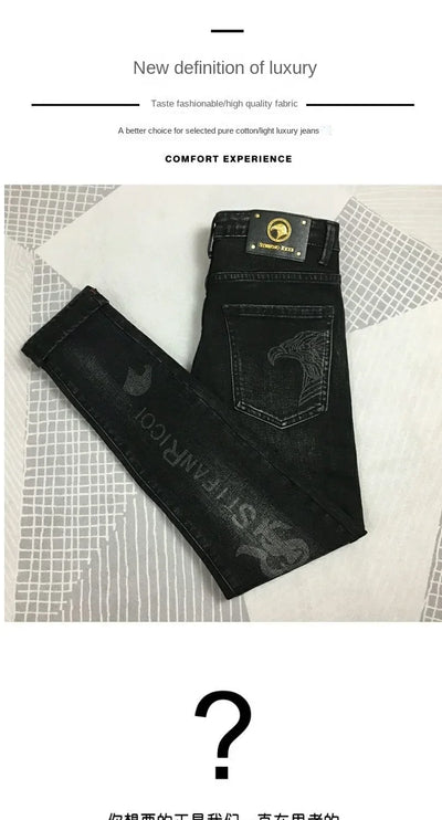 Fashion Original Luxury Boyfriend Black Harajuku Stretch Designer Eagle Printed Cowboy Graphic Jeans for Men Denim Trousers Male