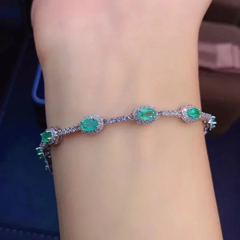 Fine Jewelry 925 Sterling Silver Inset with Gemstones Women's Luxury Vintage Fresh Emerald Hand Bracelet