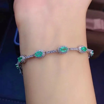 Fine Jewelry 925 Sterling Silver Inset with Gemstones Women's Luxury Vintage Fresh Emerald Hand Bracelet