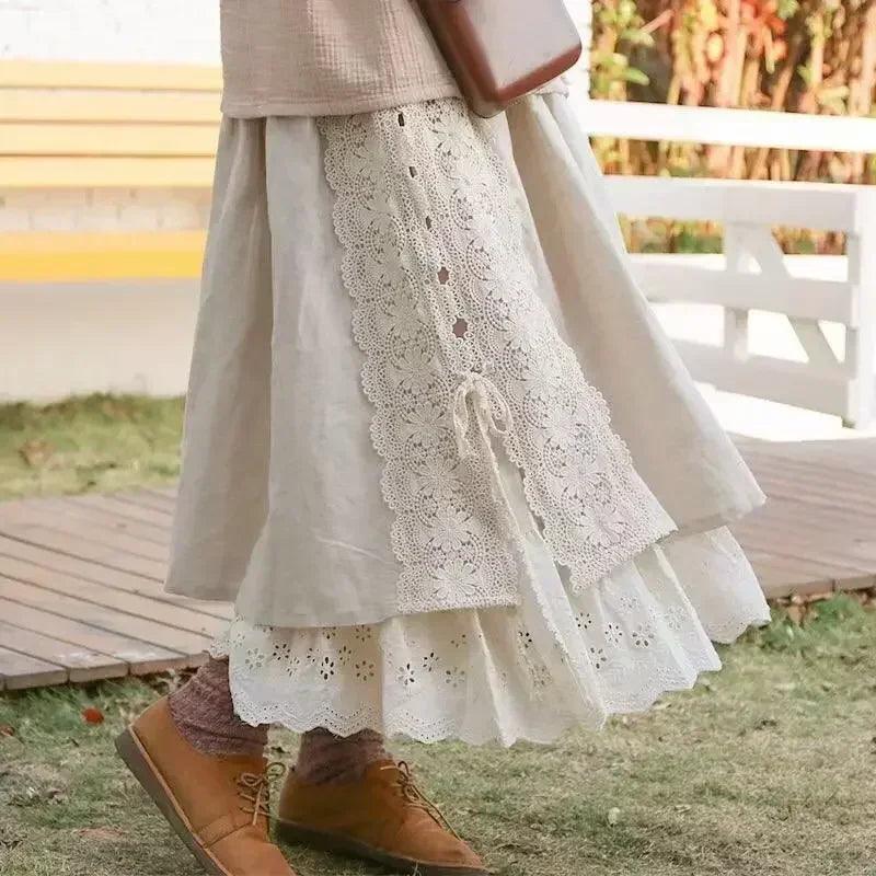Vintage chic embroidery linen cotton long skirts women summer elastic high waist pleated maxi skirt female elegant