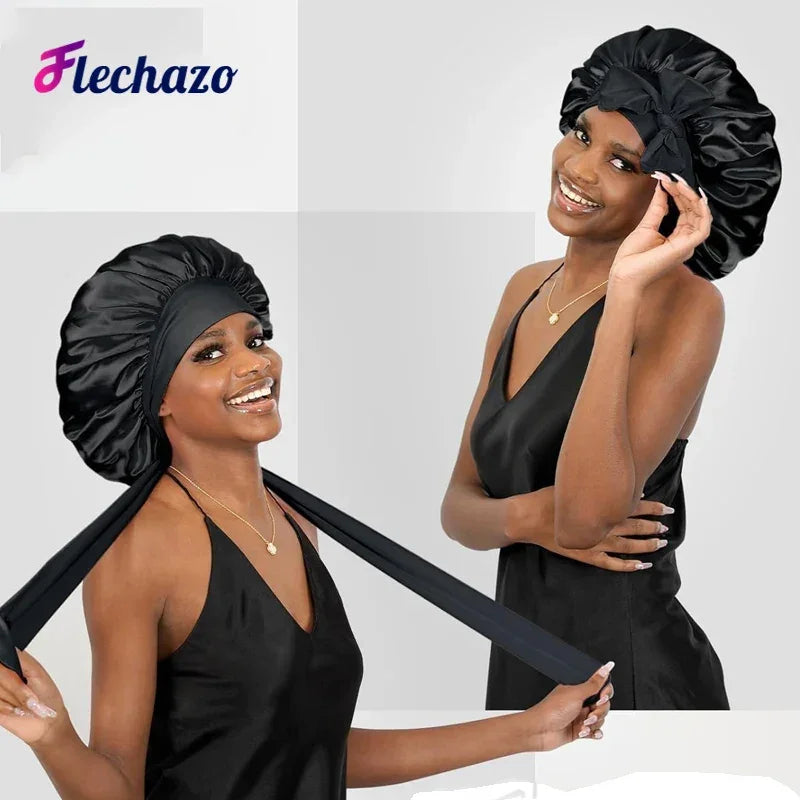 Silk Bonnet For Women Large Sleeping Cap For Hair Care Soft Satin Bonnets With Wrap Tie No Frizz No Fly Aways Hair Bonnets LOGO