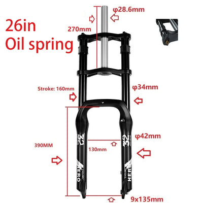 Snow Bike Mechanical Front Fork, 20 ",26",Aluminum Alloy Shoulder Fork,160mm Stroke,Hydraulic Lock,Shock Absorber,4.0 Tire Bike