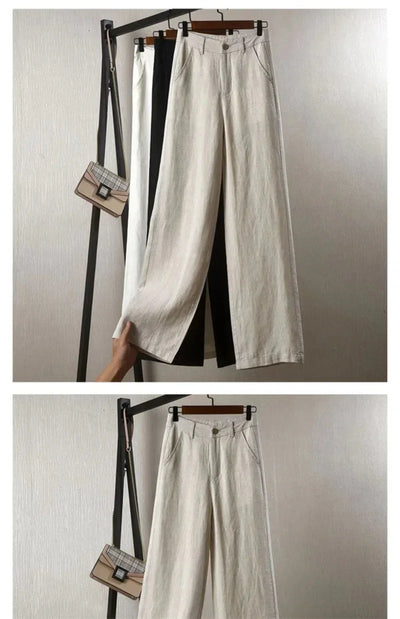 Women's Cotton Linen Straight Trousers Elastic High Waist Wild Wide Leg Pants Female Spring Summer Solid Color Loose Linen Pants