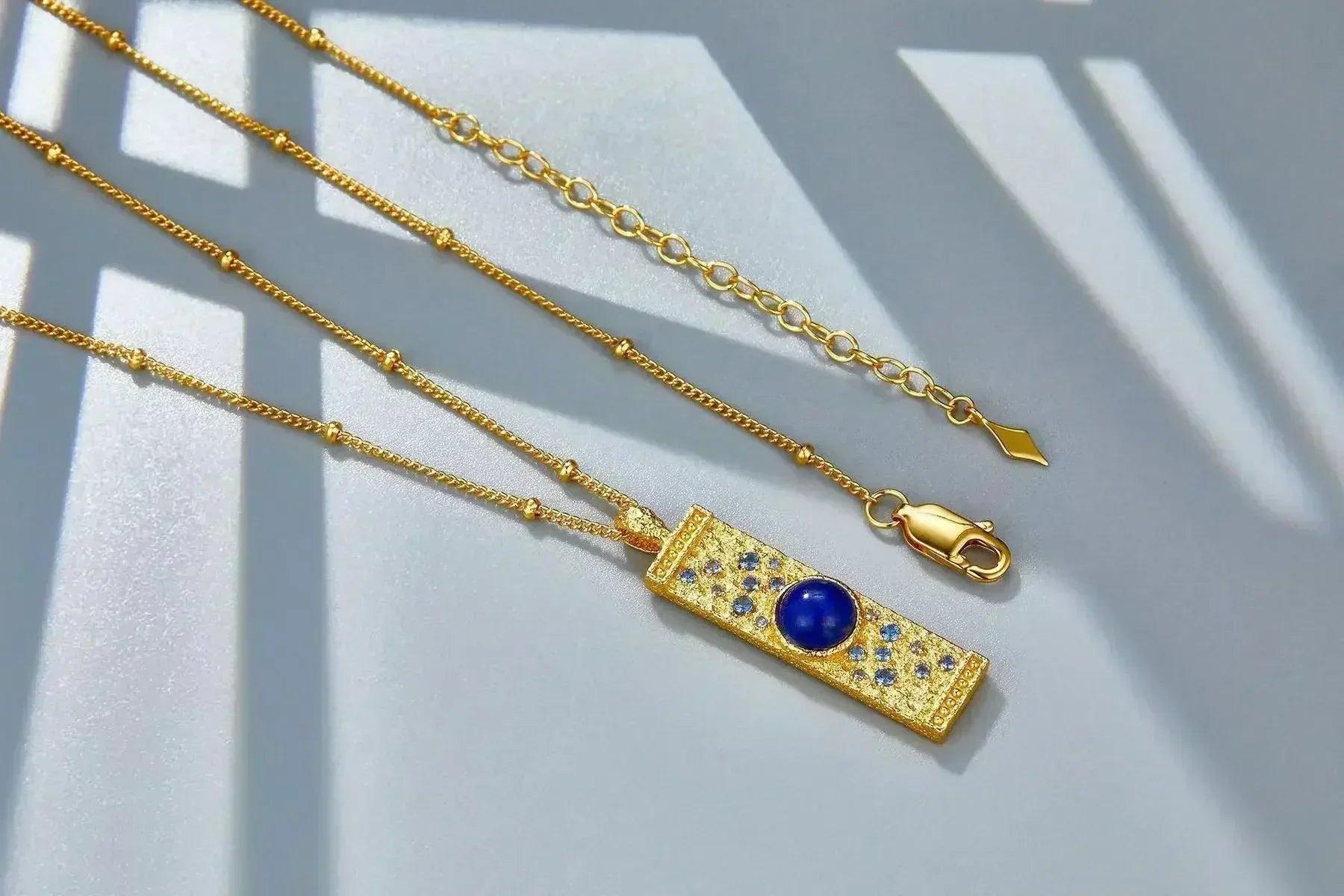 Lapis lazuli cz 925 silver gold plated hammered bar pendant necklace women blue stone geometric trendy dainty luxury