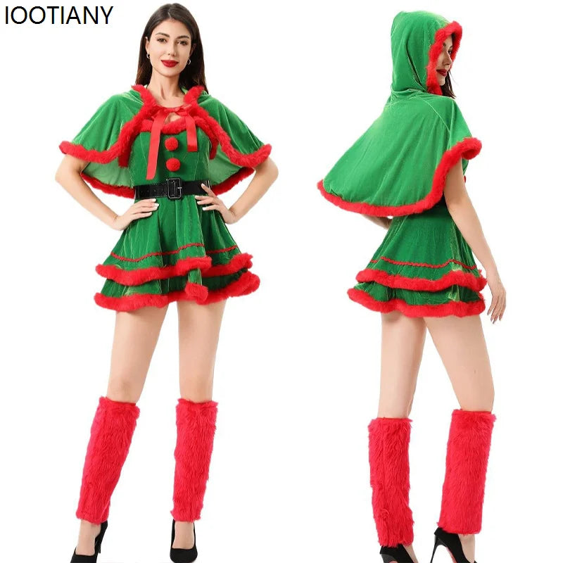 Christmas Costume Women Santa Tube Top Dress With Hood Shawl Belt Xmas Lolita Dresses Christmas Gifts Carnival Party Fancy Suits