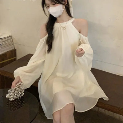 A-line Off Shoulder Halter Dress Off Shoulder Hanging Neck Lace-up Short Skirts Beachwear Sweet Girl Style Dresses Women Summer