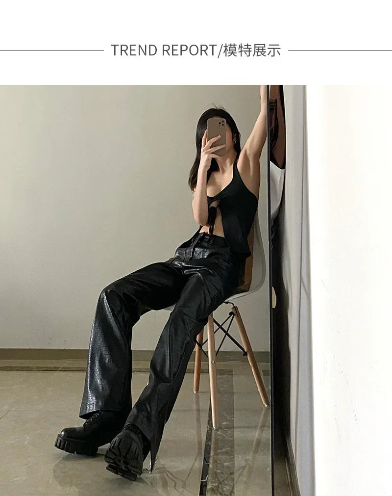 Lautaro Autumn Long Black Crocodile Texture Leather Pants Women Zipper High Waist Y2k Clothes Streetwear Women Trousers 2022