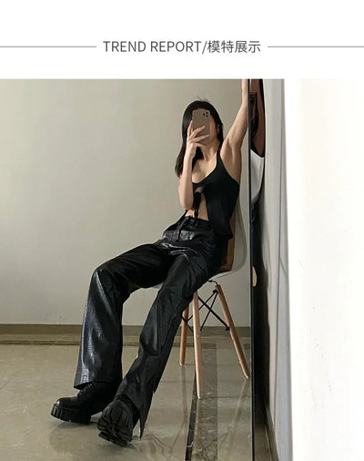 Lautaro Autumn Long Black Crocodile Texture Leather Pants Women Zipper High Waist Y2k Clothes Streetwear Women Trousers 2022