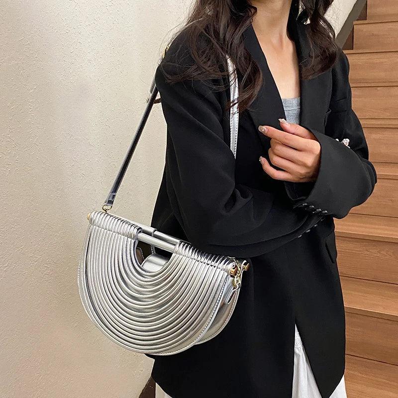 Handbags for women 2025 new gold luxury designer brand handwoven noodle bags rope knotted pulled half moon silver