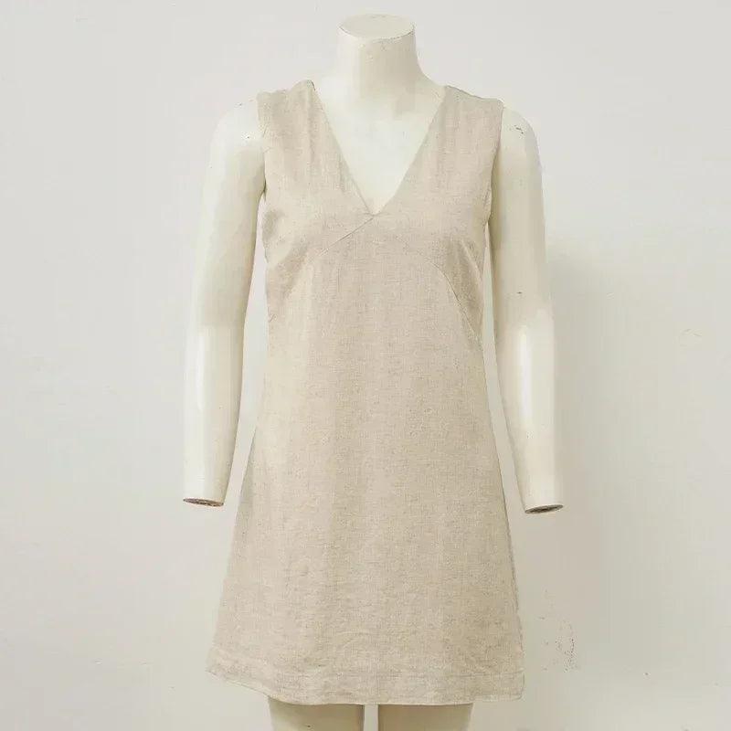 Women’s casual linen sleeveless dress v-neck chic elegant cotton-linen blend summer fashion sexy new arrival vestidos