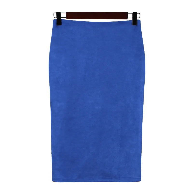 Women's suede solid color pencil skirt, spring and summer high waisted tight fitting retro suede split thick elastic skirt