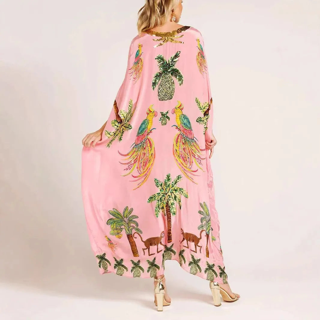 2025 New Spring V-neck A-line Dress Fashion Animal Pattern Printed Loose Dress Retro Women's Dress