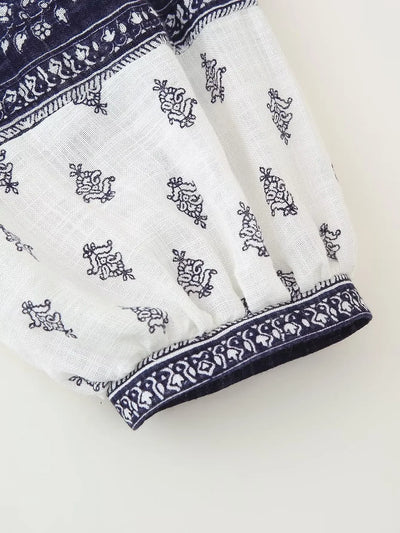 Women's Puffy Sleeve Linen Printed Top