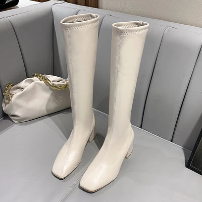Knee-high  Boots Women's Autumn Winter Faion Briti Sle Flat Head Slimming High-calf Boots Waterproof PU Leather
