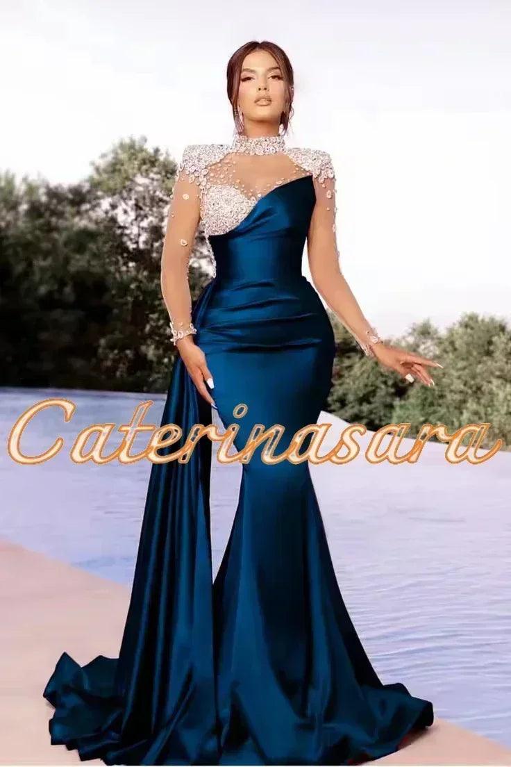 Luxury high neck evening dresses for women mermaid 2024 sheer long sleeves wedding party prom gowns vestidos de noche